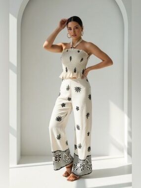 Petra Cream Floral Print Wide-Leg Pants and Halter top 2PC set